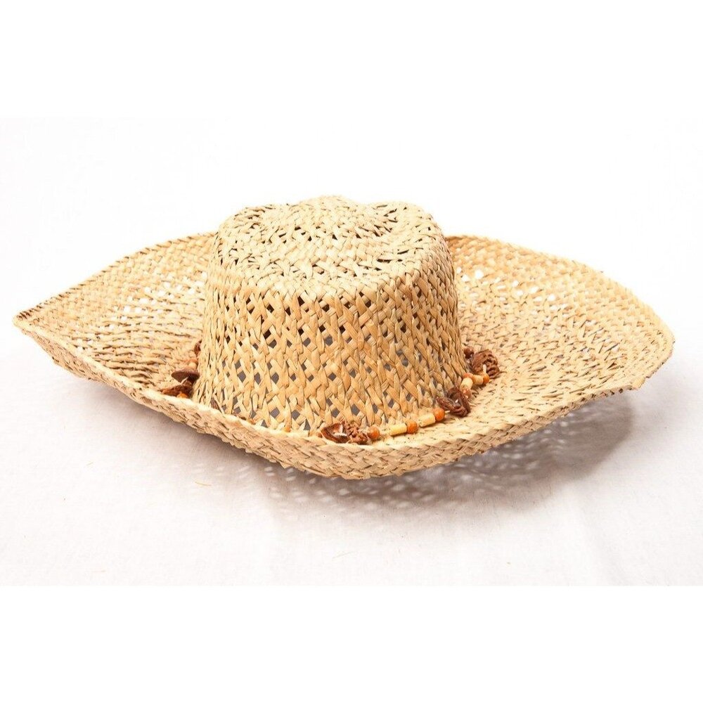 Vtg 1970's Unisex Tan Hand Woven Straw Hat Extra Wide Brim Beaded & Wood